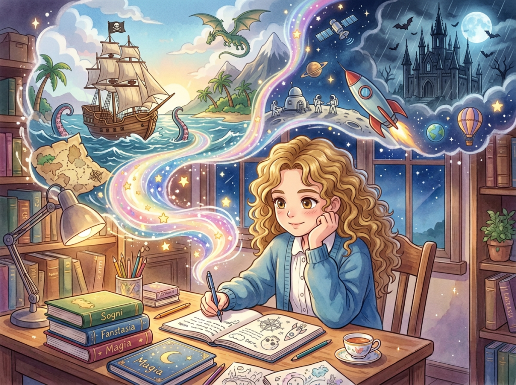 Girl writing at desk surrounded by floating castles, dragons, fairies, and stars